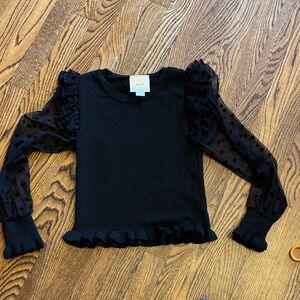 Anthropologie Black Top with Sheer Polka Dot Sleeves